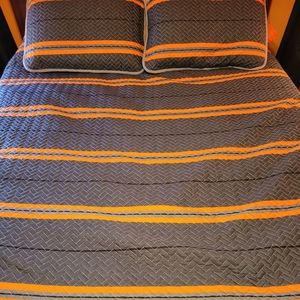 Dark gray and orange queen size comforter with two shams